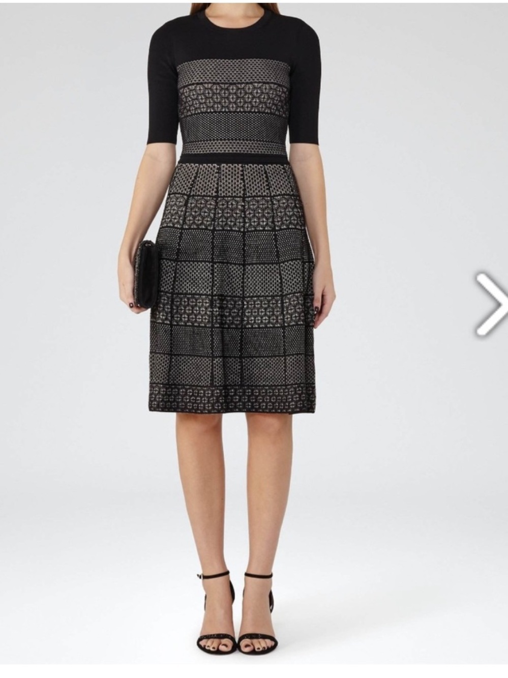 Reiss alithia Black Knitted Knee Length Fit and Flare Dress Size 6 3/4 Sleeves
